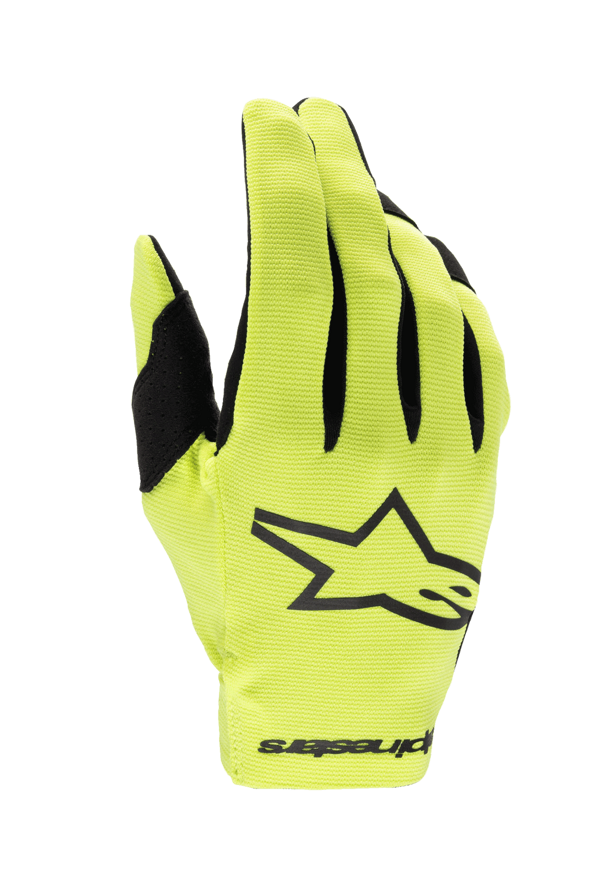 Alpinestars 2024 Youth Radar Gloves, Motocross Gloves, Yellow Fluo and Black, featuring a large black star logo on the backhand, lightweight stretch fabric with black finger accents, performance youth racing protection