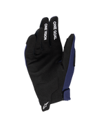 Alpinestars 2025 Jeugd Radar handschoenen, motorcross handschoenen, donkerblauw en zwart, toont synthetische suède palm met witte 'ONE GOAL' en 'ONE VISION' tekst op de vingers, wit Astars-logo op de pols, enkellaagse constructie voor off-road rijden