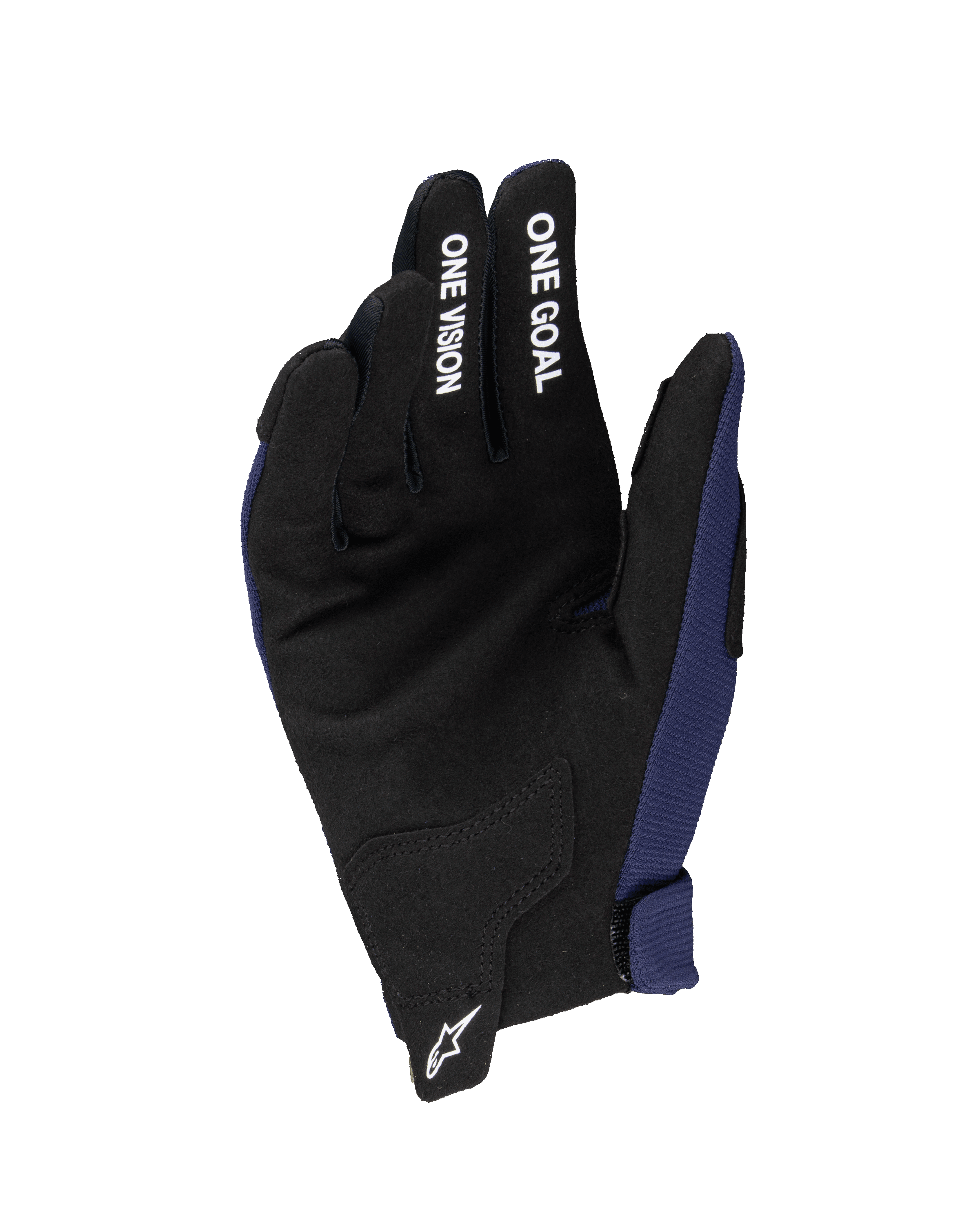 Alpinestars 2025 Jeugd Radar handschoenen, motorcross handschoenen, donkerblauw en zwart, toont synthetische suède palm met witte 'ONE GOAL' en 'ONE VISION' tekst op de vingers, wit Astars-logo op de pols, enkellaagse constructie voor off-road rijden