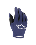 Alpinestars 2025 Youth Radar handschoenen, motorcross handschoenen, donkerblauw en wit, voorzien van een wit ster-logo op de handrug en Alpinestars-tekst op de pols, enkellaagse stretchconstructie voor off-road racen.