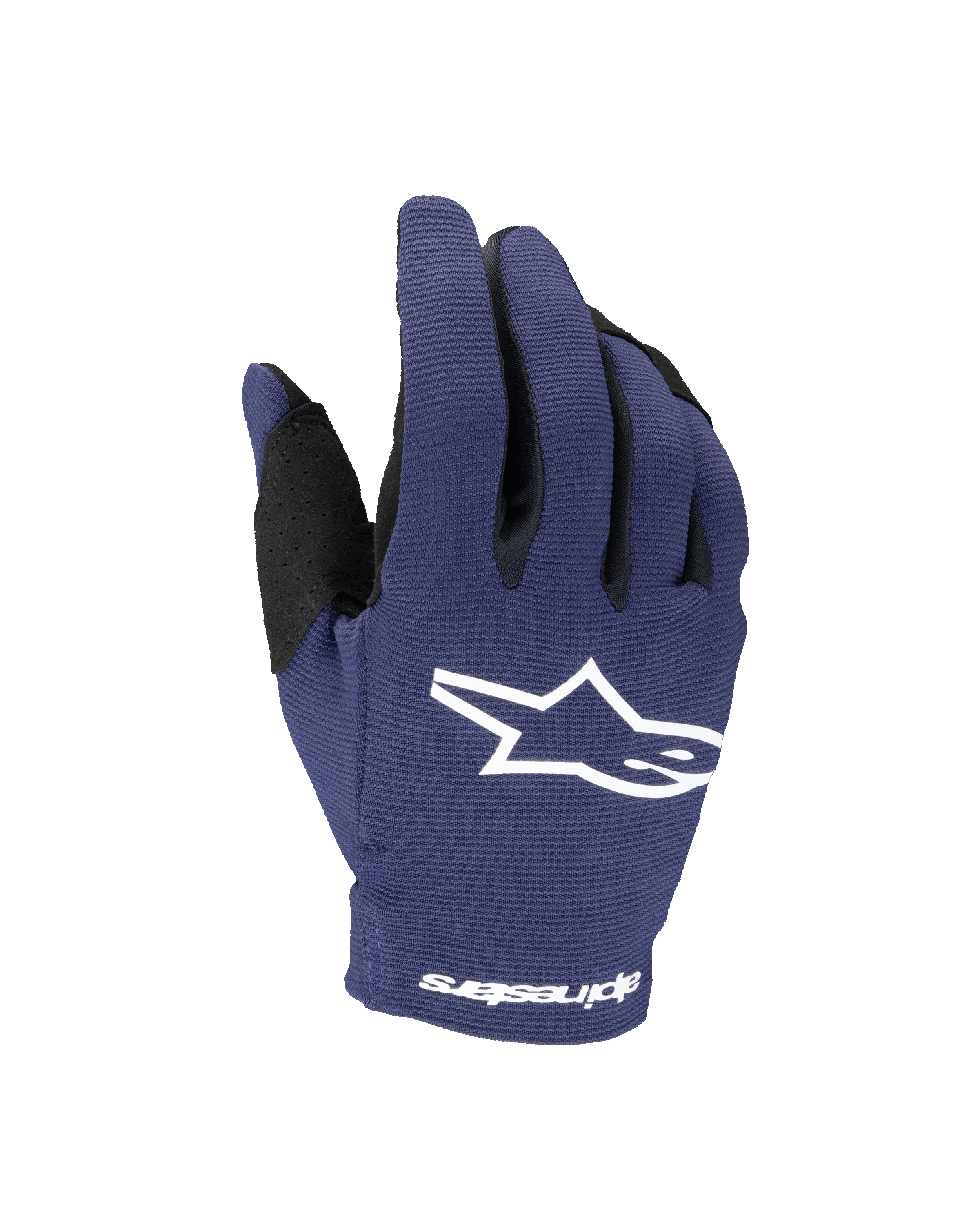 Alpinestars 2025 Youth Radar handschoenen, motorcross handschoenen, donkerblauw en wit, voorzien van een wit ster-logo op de handrug en Alpinestars-tekst op de pols, enkellaagse stretchconstructie voor off-road racen.