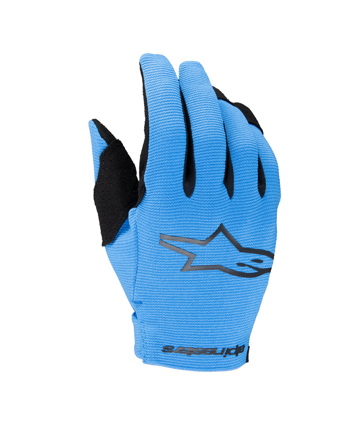 Alpinestars 2025 Youth Radar handschoenen, motorcross off-road handschoenen, blauw en zwart, met een lichtblauwe handrug met textuur, een zwart sterlogo en Alpinestars-branding op de pols, jeugd motorhandschoenen