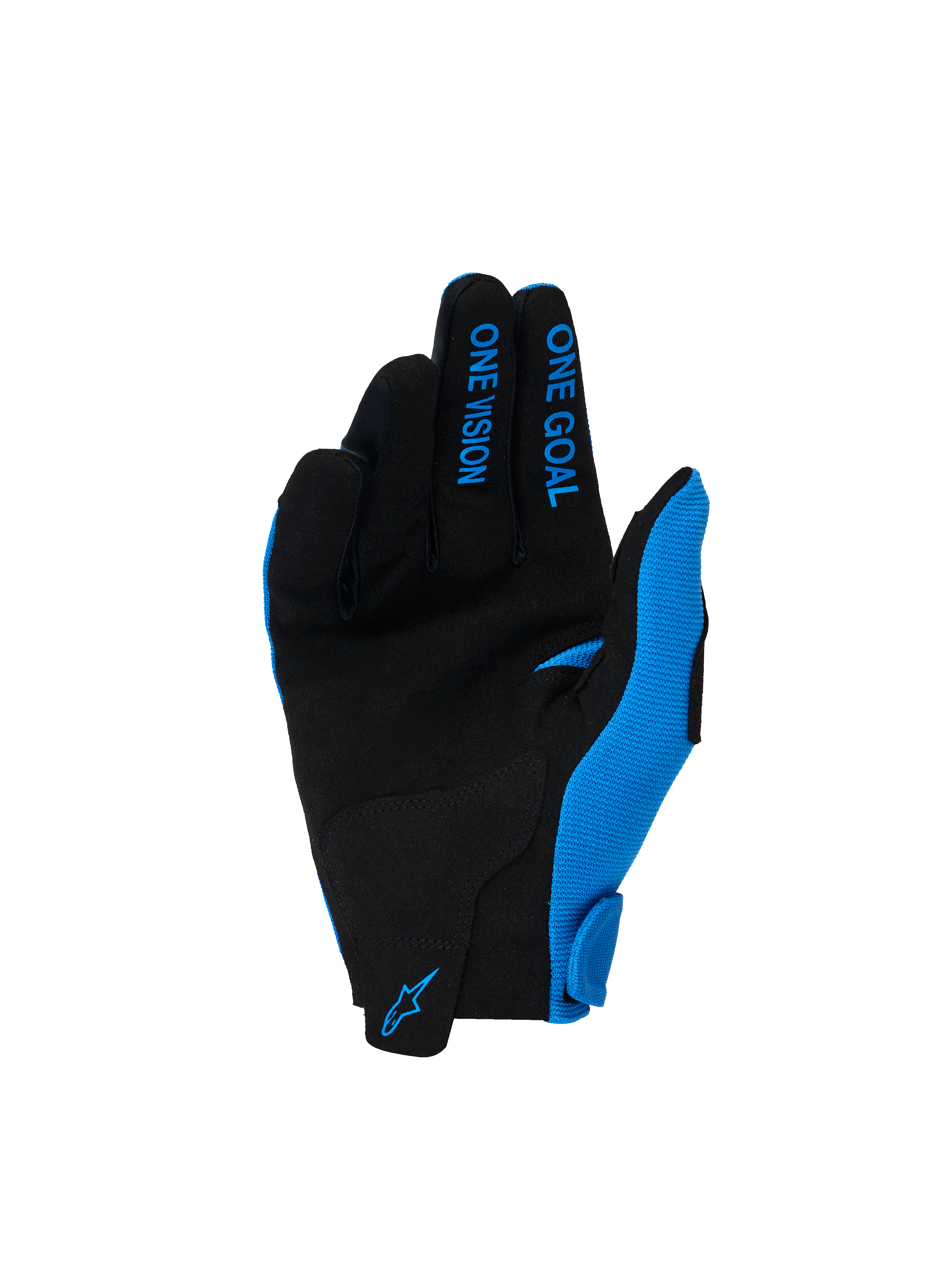 Alpinestars 2026 Youth Radar Gloves, Motocross Gloves, Ucla Blue and White, synthetic suede palm in black, blue 'ONE GOAL' and 'ONE VISION' text on fingers, blue Alpinestars logo on wrist, designed for off-road performance