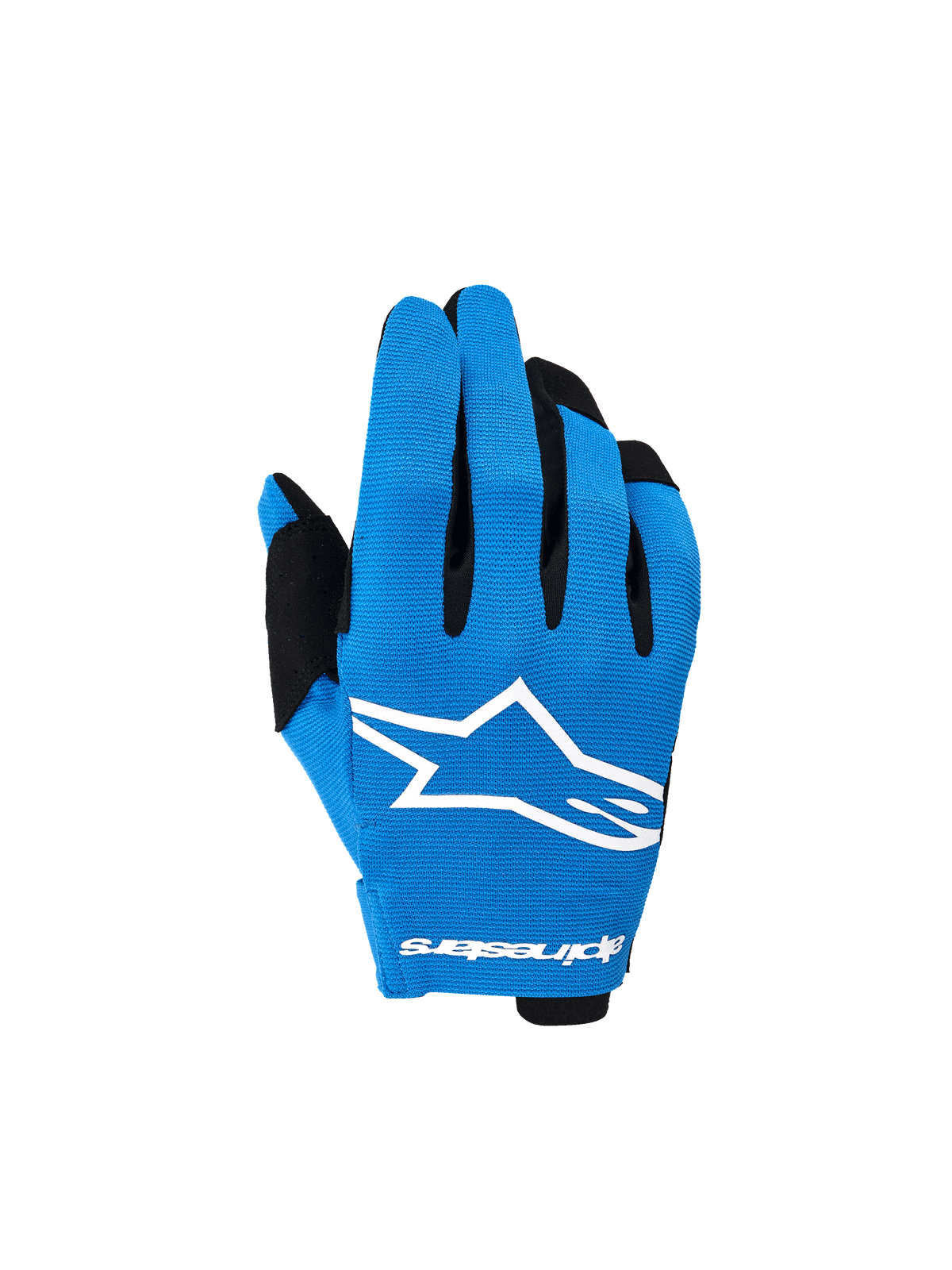 Alpinestars 2026 Youth Radar handschoenen, motorcross handschoenen, Ucla blauw en zwart, met een opvallend wit sterlogo op de rugzijde, zwarte vingeraccenten en een lichtgewicht rekbare constructie voor off-road rijden