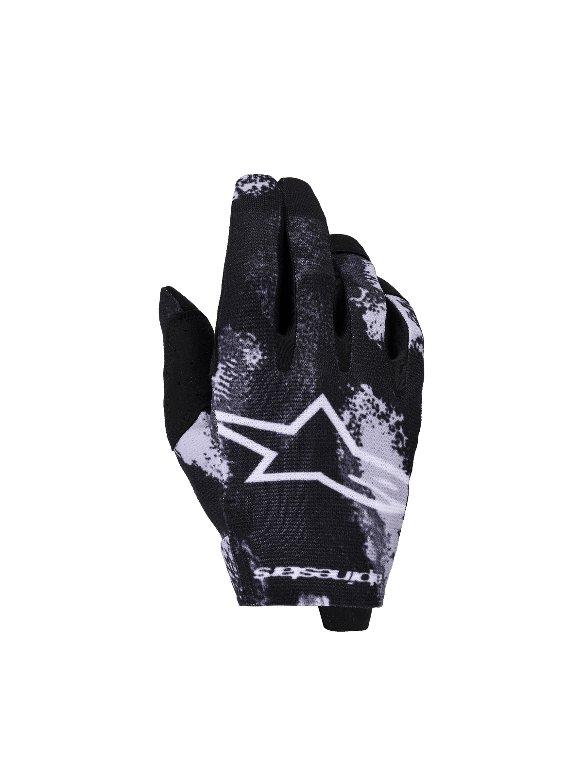 Alpinestars 2026 Youth Radar handschoenen, jeugd motorcross- en off-roadhandschoenen, zwart en wit, ster-logo met spatpatroon, getextureerde weefselconstructie, jeugdmaten