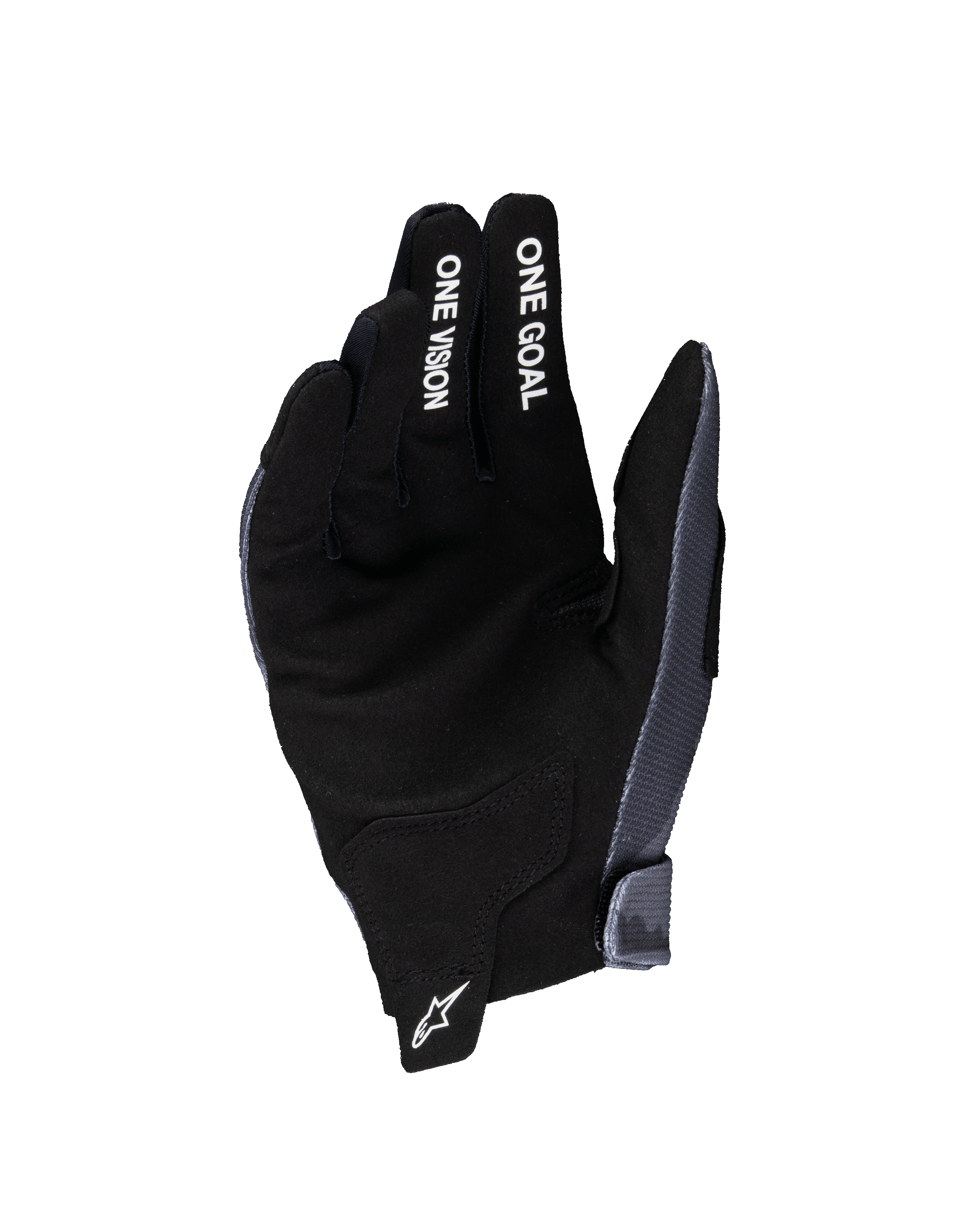 Alpinestars 2025 Youth Radar handschoenen, motorcrosshandschoenen, grijs en zwart, handpalmzijde met synthetisch suèdemateriaal, witte 'ONE GOAL' en 'ONE VISION' tekst op de vingers, wit sterlogo op het treklipje bij de pols, speciaal voor off-road racen voor de jeugd