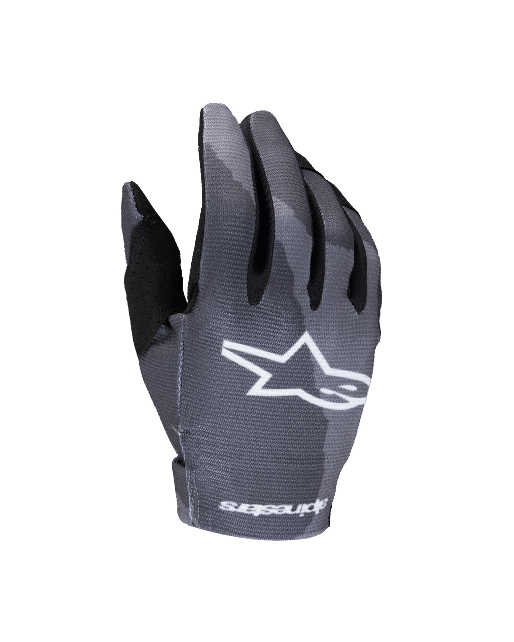 Alpinestars 2025 Youth Radar handschoenen, motorcross handschoenen, donkergrijze camouflage, met een wit sterlogo op de handrug, gesublimeerd camouflagepatroon, zwarte duimversterking en lichtgewicht constructie voor off-road racen door de jeugd