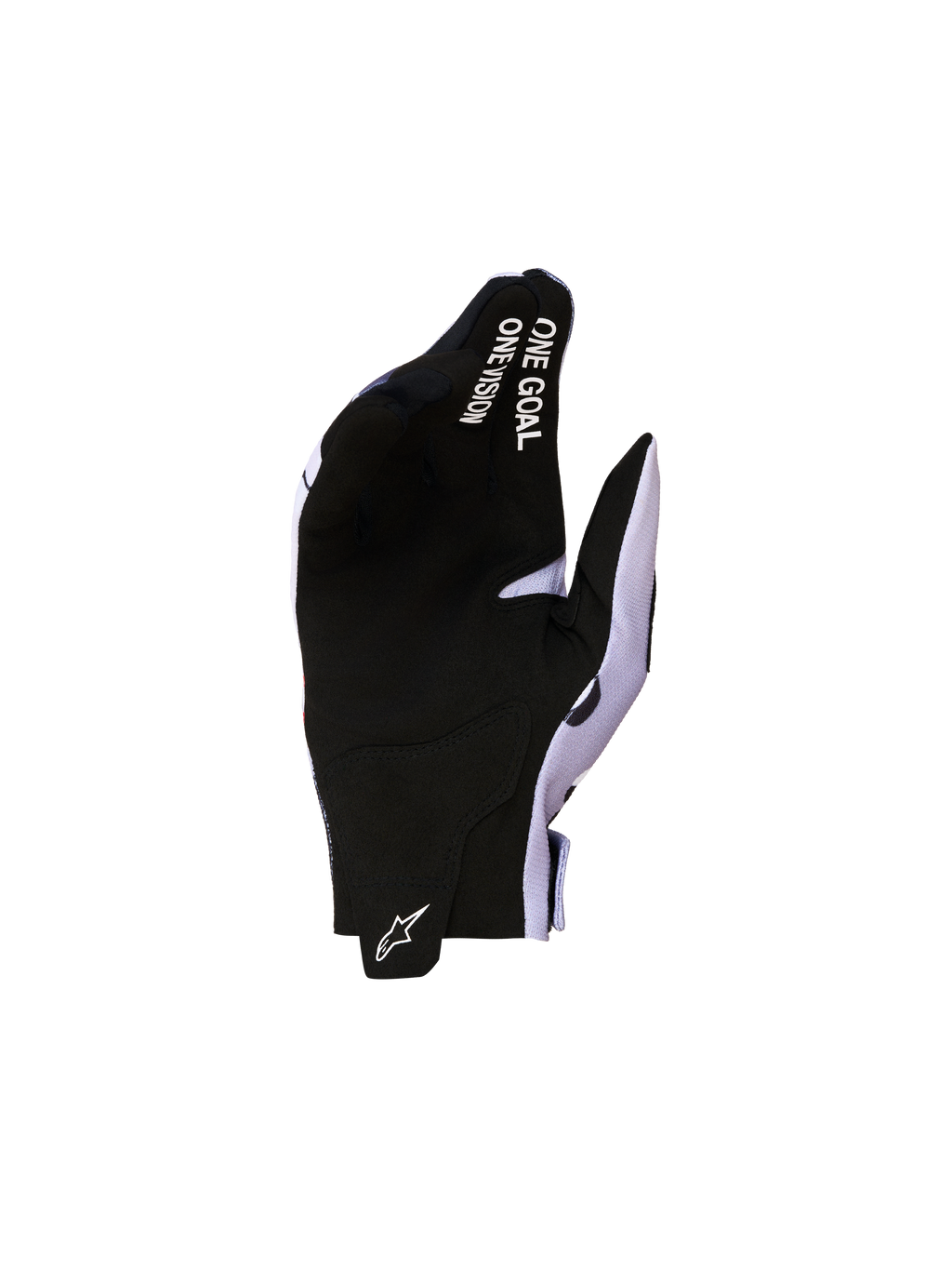 Alpinestars Youth Radar Motocross Gloves in Black and Ash Gray with synthetic suede palm and finger text.