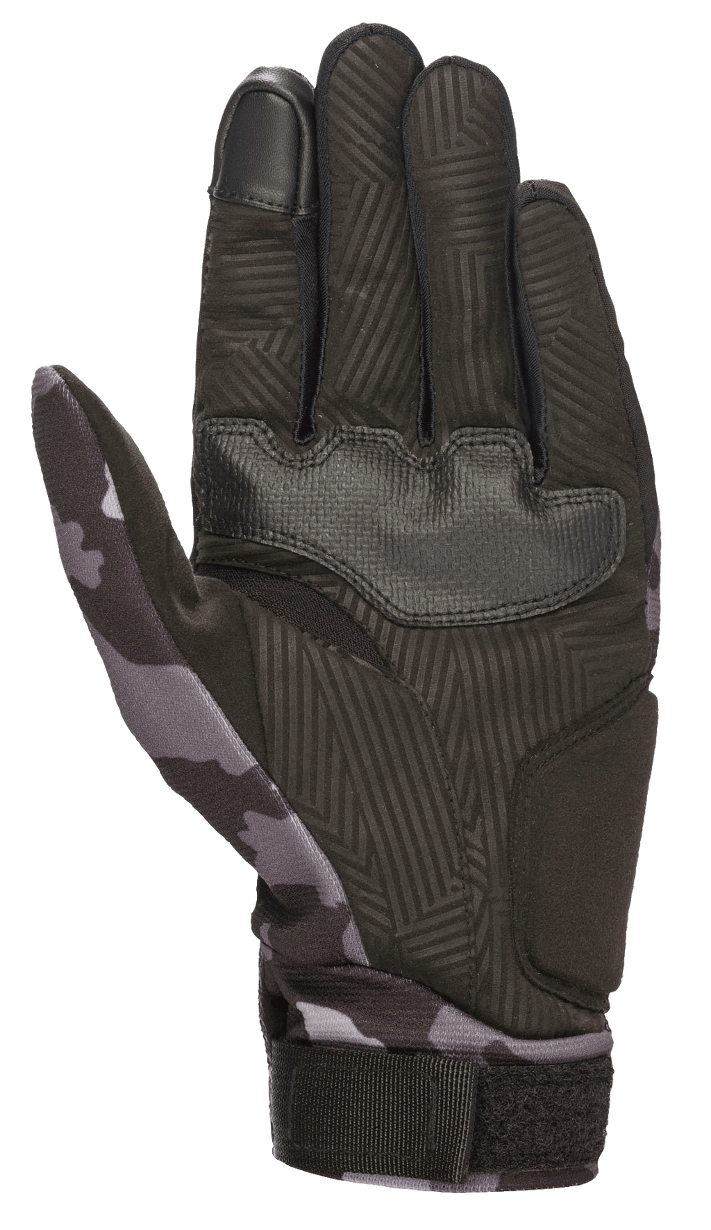 Alpinestars Youth Reef-handschoenen, Black Gray Camo, palmweergave met synthetisch suède en getextureerde grip, camouflagepatroon op de duim en pols, touchscreen-compatibele wijsvinger, motorhandschoenen voor stedelijk gebruik