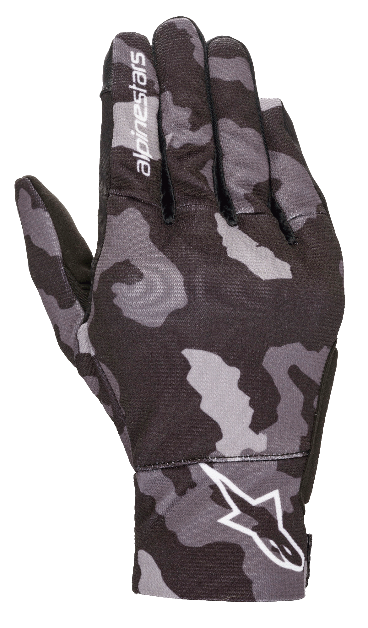 Alpinestars Youth Reef handschoenen, stedelijke motorhandschoenen, Black Gray Camo, bovenaanzicht met grijs camouflagepatroon, witte Alpinestars-branding op de pols en wijsvinger, lichtgewicht stretch textielconstructie