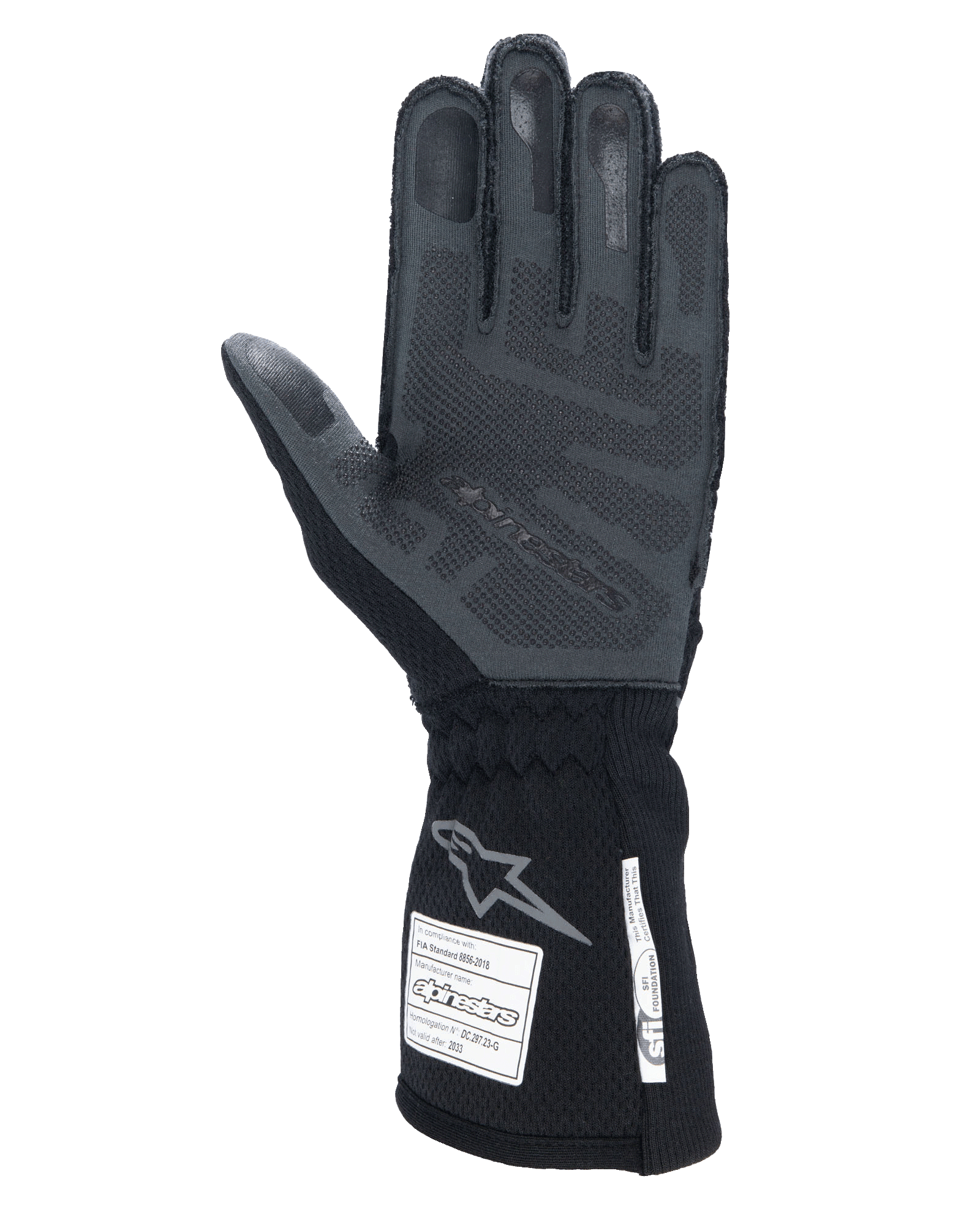 Alpinestars Tech-1 ZX V4 Gloves, Black Anthracite, palm view featuring textured 3D silicone grip, long cuff with FIA and SFI safety certification labels, professional auto racing gloves
