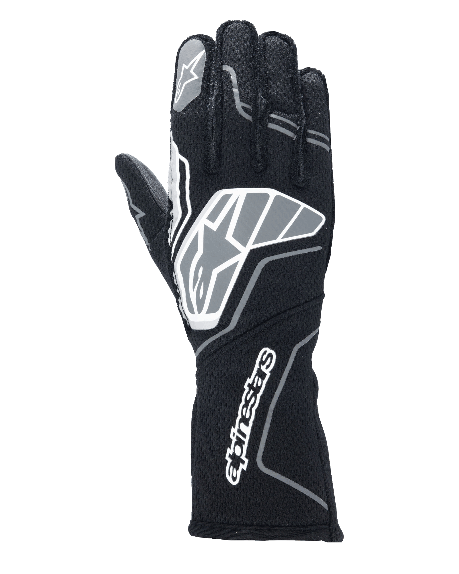 Alpinestars Tech-1 ZX V4 handschoenen, autoracehandschoenen, zwart en antracietgrijs, met een groot sterlogo op de handrug en Alpinestars-woordmerk op de lange manchet, sterlogo op de wijsvinger, professionele vlamvertragende constructie