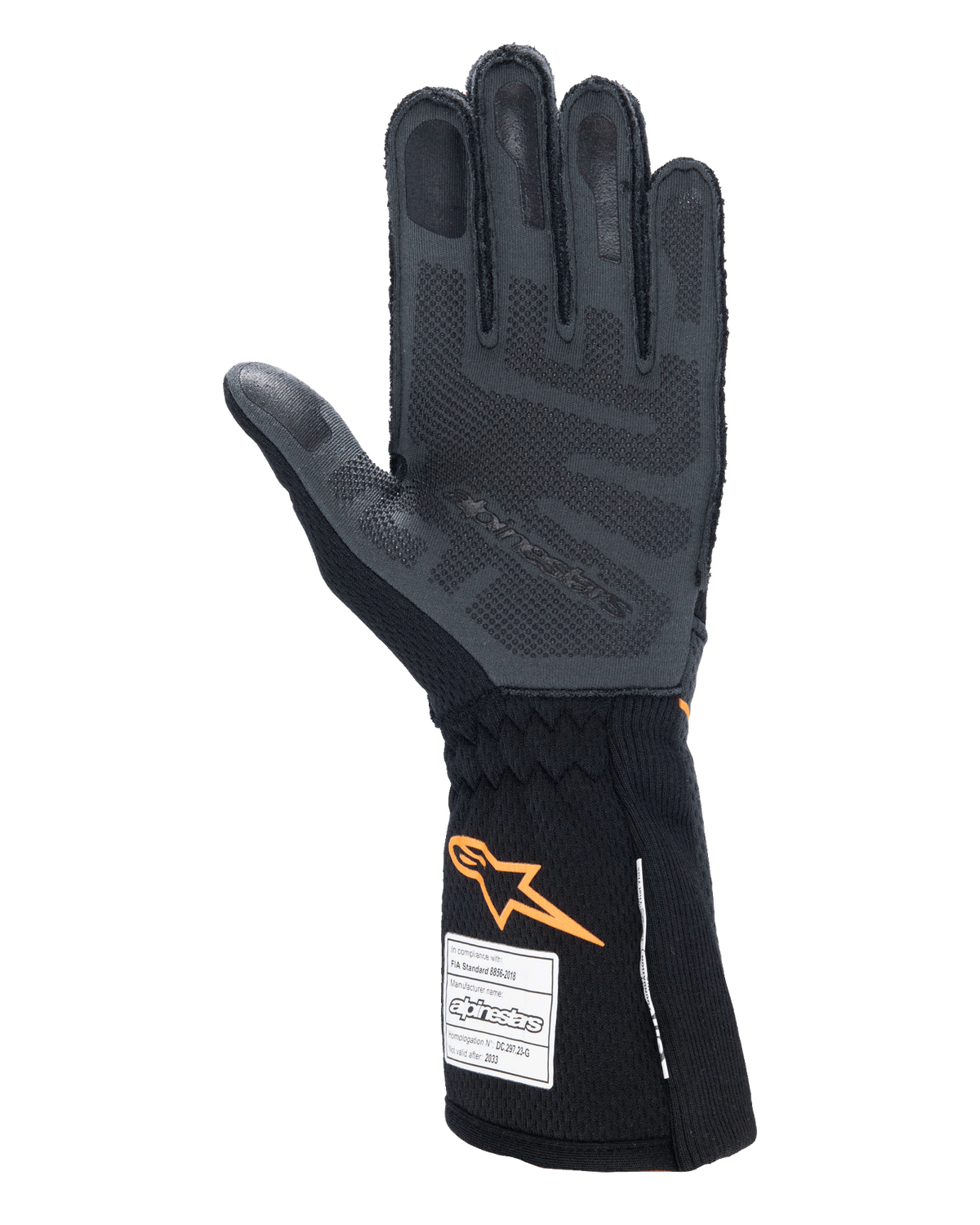 Alpinestars Tech-1 ZX V4 handschoenen, autoracehandschoenen, zwart en oranje fluo, palmzicht met 3D siliconen grippatroon en honingraatstructuur, FIA- en SFI-homologatielabels zichtbaar op de manchet, professionele motorsportuitrusting