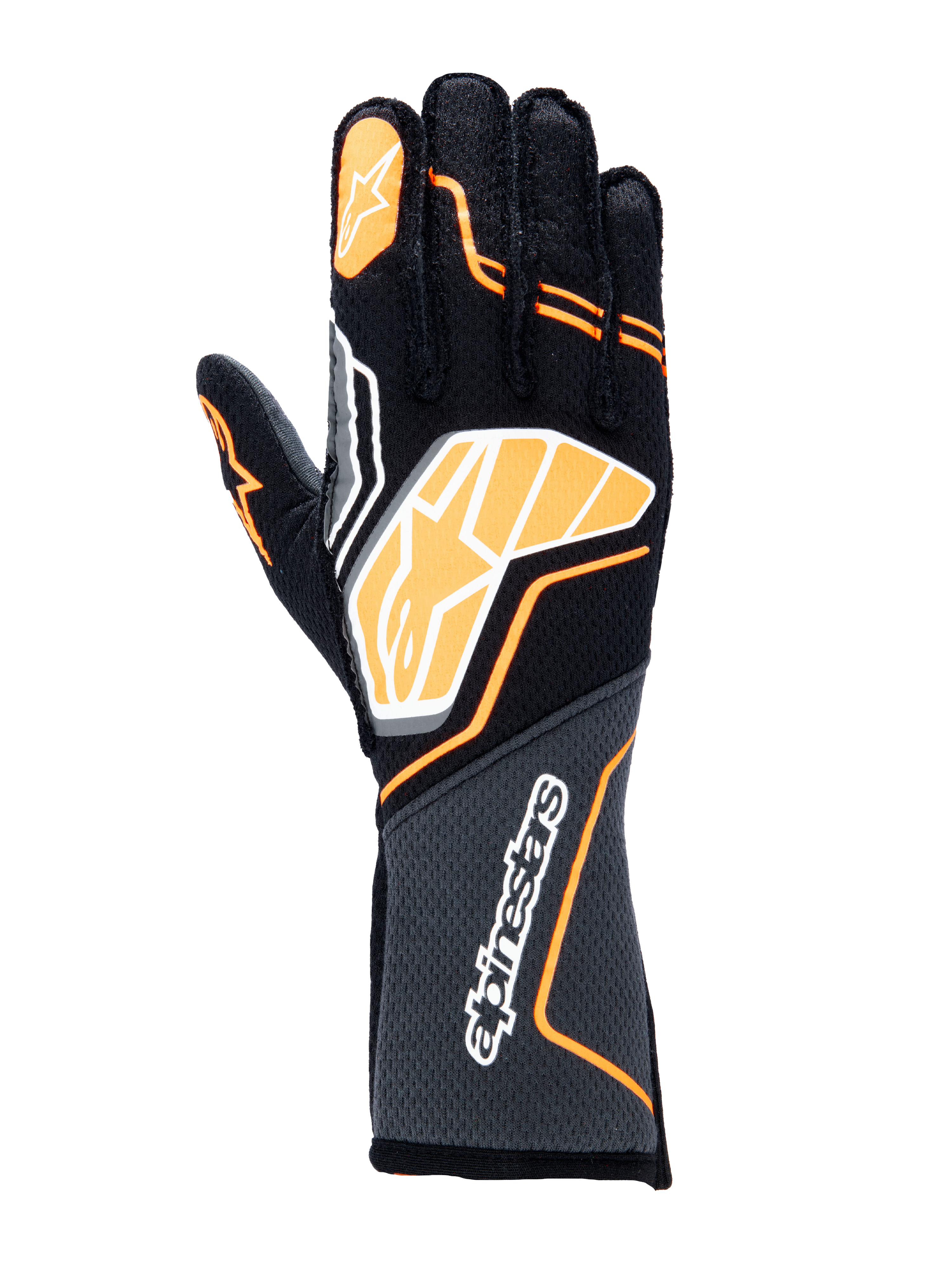 Alpinestars Tech-1 ZX V4 handschoenen, autoracehandschoenen, zwart met oranje fluo en witte accenten, groot grafisch logo op de rug van de hand, honingraat getextureerde stof op de manchet, sportief geometrisch ontwerp voor professioneel racen