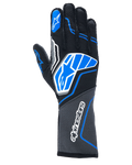 Alpinestars Tech-1 ZX V4 Gloves, Auto Racing Gloves, Black with Blue and Grey Accents, featuring the white Alpinestars star logo and wordmark, honeycomb fabric construction, professional motorsport gear.