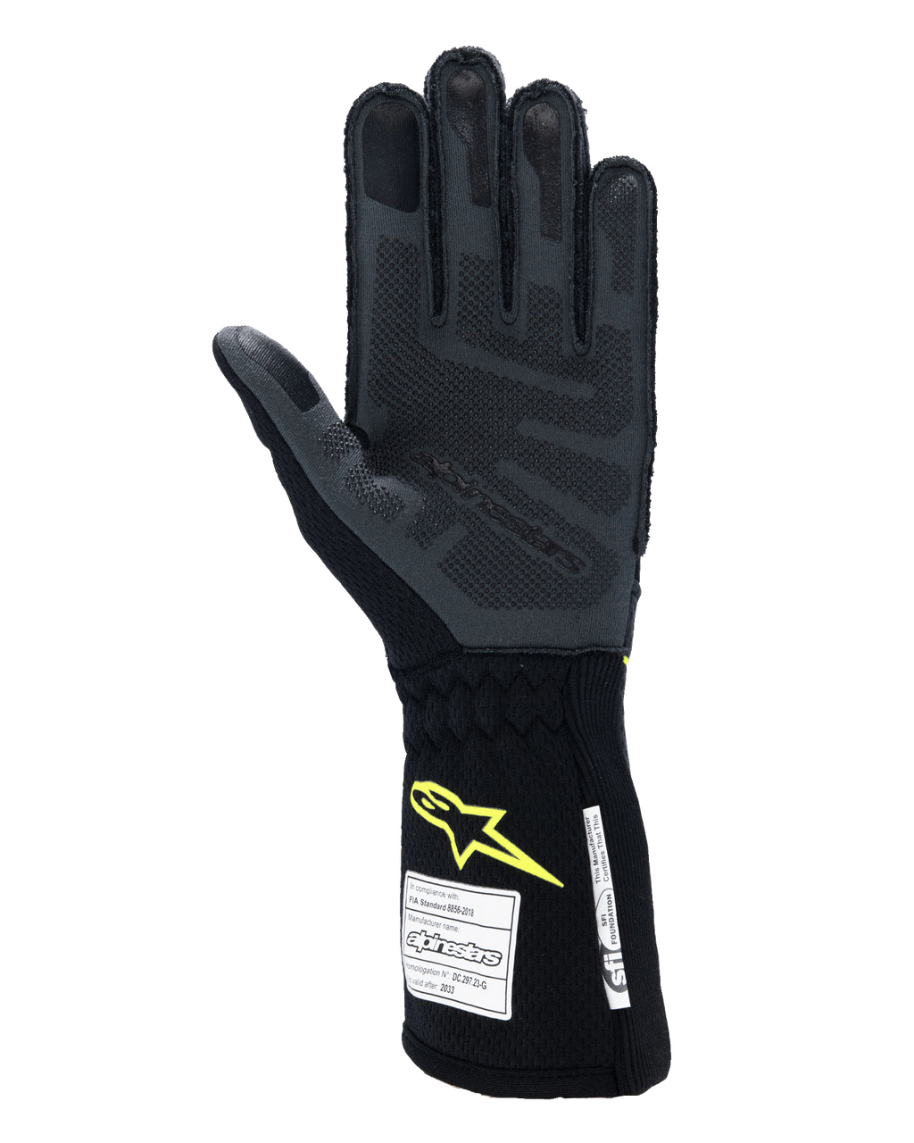 Alpinestars Tech-1 ZX V4 handschoenen, autoracehandschoenen, Tar Gray en zwart met fluogeel logo, handpalmaanzicht met getextureerde 3D siliconen grip en FIA/SFI-veiligheidscertificeringslabels, professionele autosportuitrusting