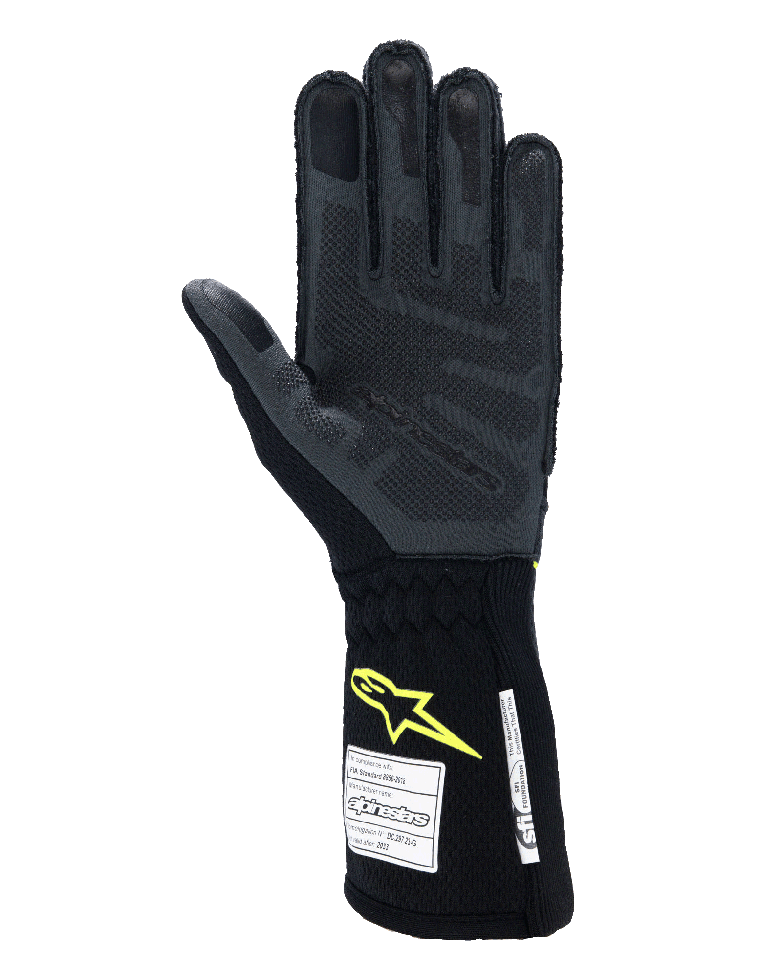 Alpinestars Tech-1 ZX V4 handschoenen, autoracehandschoenen, Tar Gray en zwart met fluogeel logo, handpalmaanzicht met getextureerde 3D siliconen grip en FIA/SFI-veiligheidscertificeringslabels, professionele autosportuitrusting