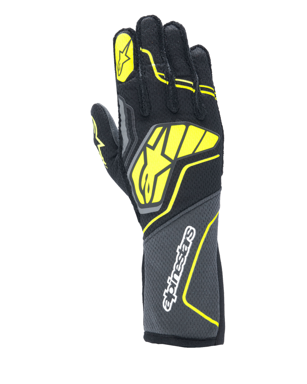Alpinestars Tech-1 ZX V4 handschoenen, autoracehandschoenen, Tar Gray, zwart en fluogeel, met een groot geel sterlogo op de handrug en witte branding op de manchet, honingraatstof met hoekige neonaccenten, professionele motorsportuitrusting