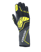 Alpinestars Tech-1 ZX V4 handschoenen, autoracehandschoenen, Tar Gray, zwart en fluogeel, met een groot geel sterlogo op de handrug en witte branding op de manchet, honingraatstof met hoekige neonaccenten, professionele motorsportuitrusting