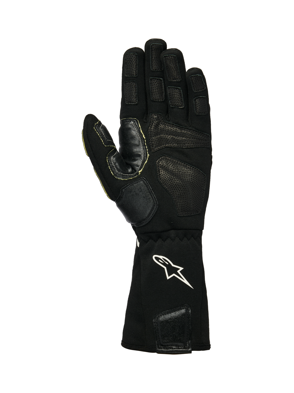 Alpinestars Tech-M V2 FIA-handschoenen, pitcrew-handschoenen, zwart en wit, handpalmzicht met getextureerd leer en siliconen grippatches, wit sterlogo op de elastische manchet, ontworpen voor gebruik met wielpistolen in de autosport