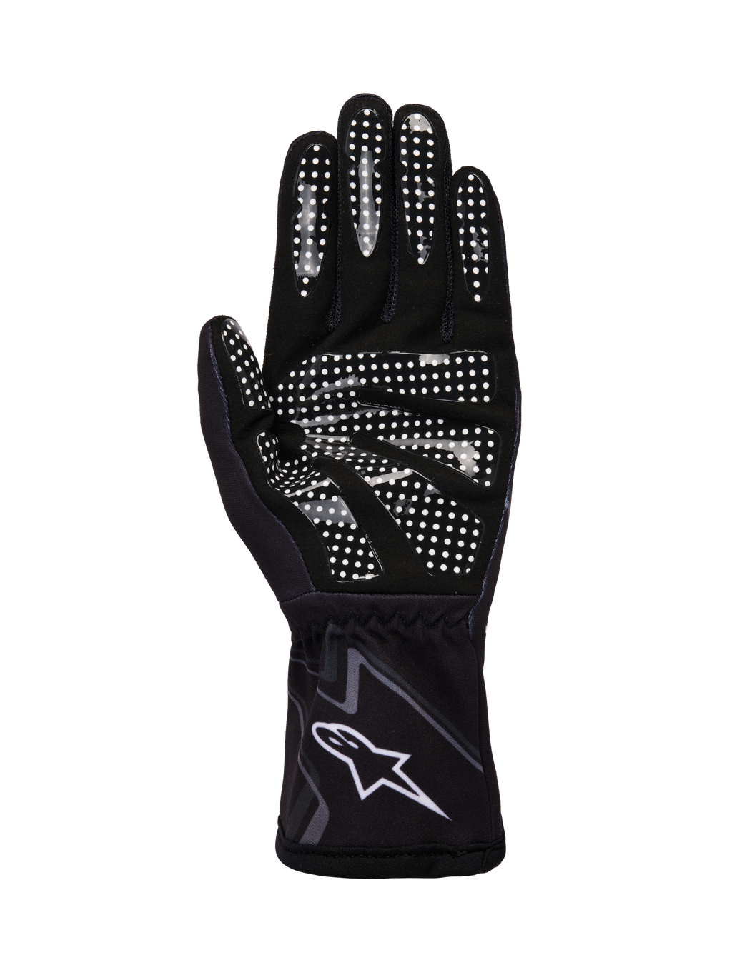 Alpinestars Tech-1 K Race V2 Handschoenen Graphic 1, karthandschoenen, zwart, Tar Gray en wit, zicht op de handpalm met wit siliconen grippatroon en Alpinestars-logo op de polsmanchet.