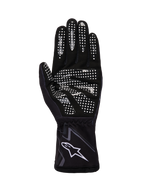 Alpinestars Tech-1 K Race V2 Handschoenen Graphic 1, karthandschoenen, zwart, Tar Gray en wit, zicht op de handpalm met wit siliconen grippatroon en Alpinestars-logo op de polsmanchet.