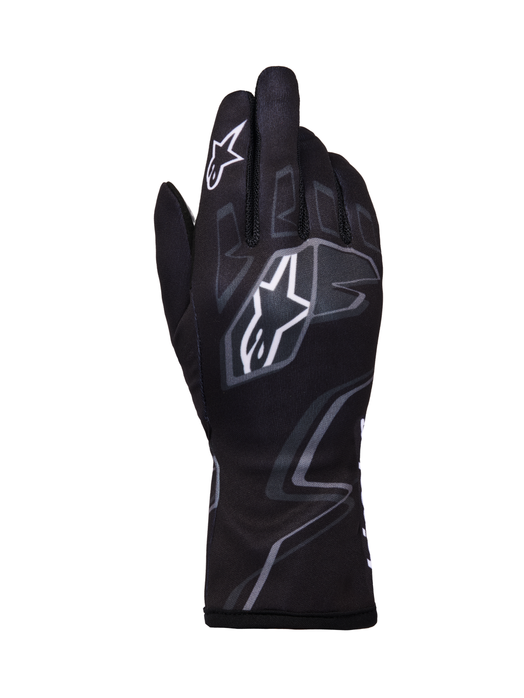 Alpinestars Tech-1 K Race V2 Graphic 1 handschoenen, karthandschoenen, zwart met witte en grijze geometrische patronen, voorzien van Alpinestars sterlogo, lichtgewicht textielconstructie met geprinte graphics