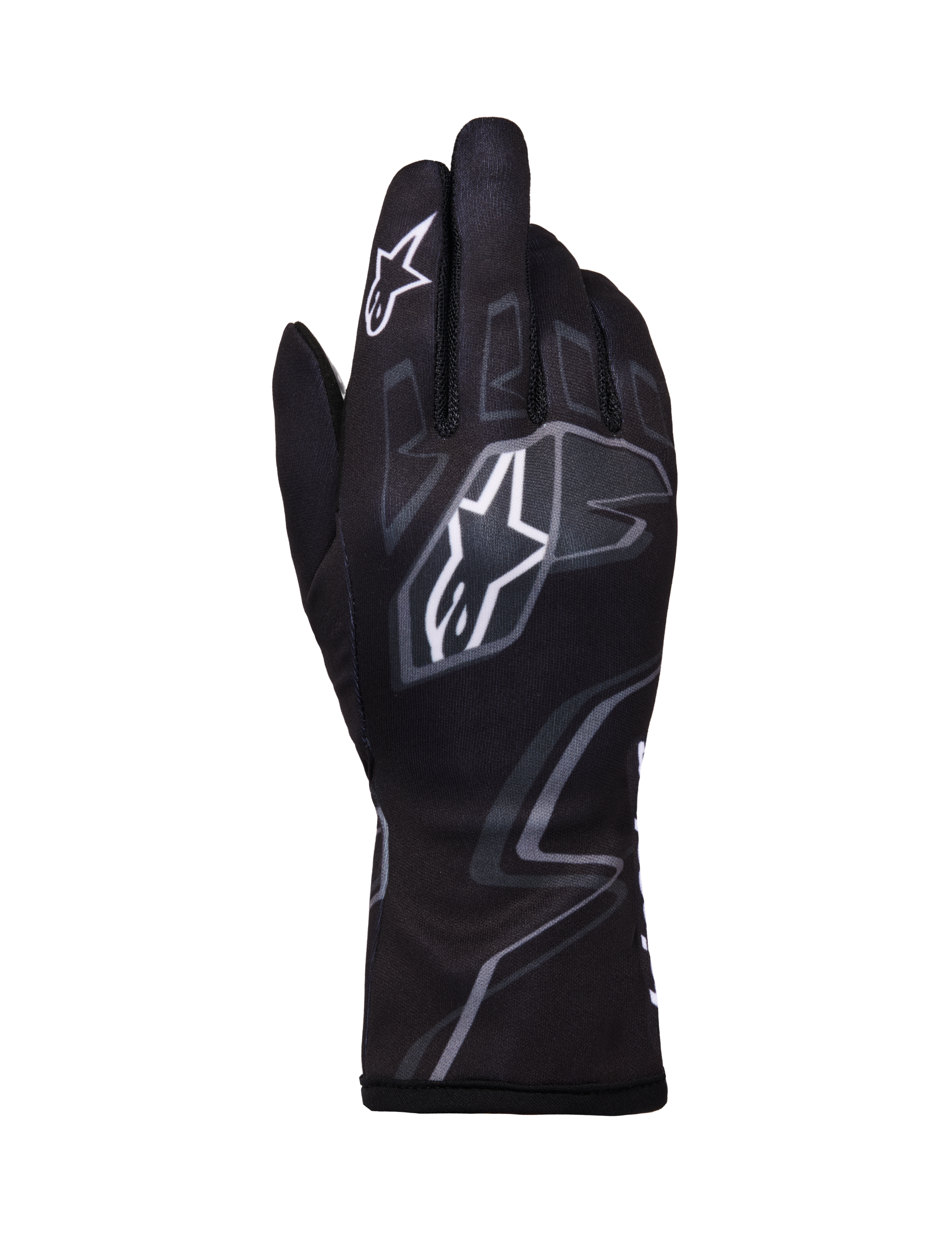Alpinestars Tech-1 K Race V2 Graphic 1 handschoenen, karthandschoenen, zwart met witte en grijze geometrische patronen, voorzien van Alpinestars sterlogo, lichtgewicht textielconstructie met geprinte graphics