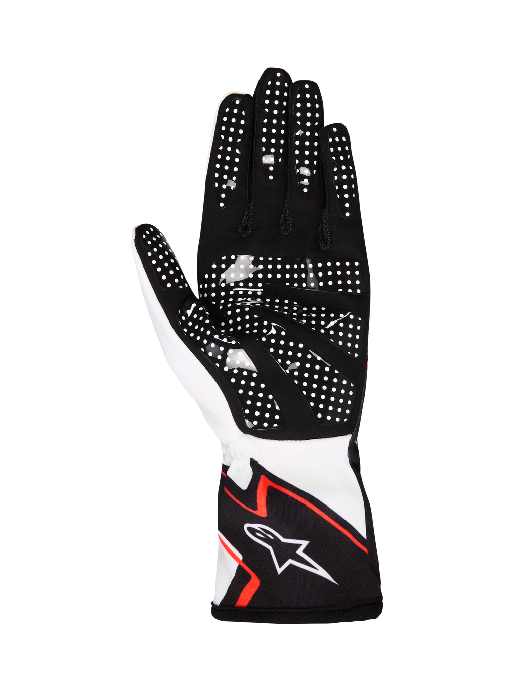 Alpinestars Tech-1 K Race V2 Handschoenen Graphic 1, karthandschoenen, wit, zwart en feloranje, handpalmaanzicht met zwart synthetisch suède en witte siliconen gripstippen, ergonomisch ontwerp met Alpinestars-logo op de manchet