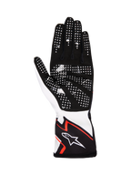 Alpinestars Tech-1 K Race V2 Handschoenen Graphic 1, karthandschoenen, wit, zwart en feloranje, handpalmaanzicht met zwart synthetisch suède en witte siliconen gripstippen, ergonomisch ontwerp met Alpinestars-logo op de manchet