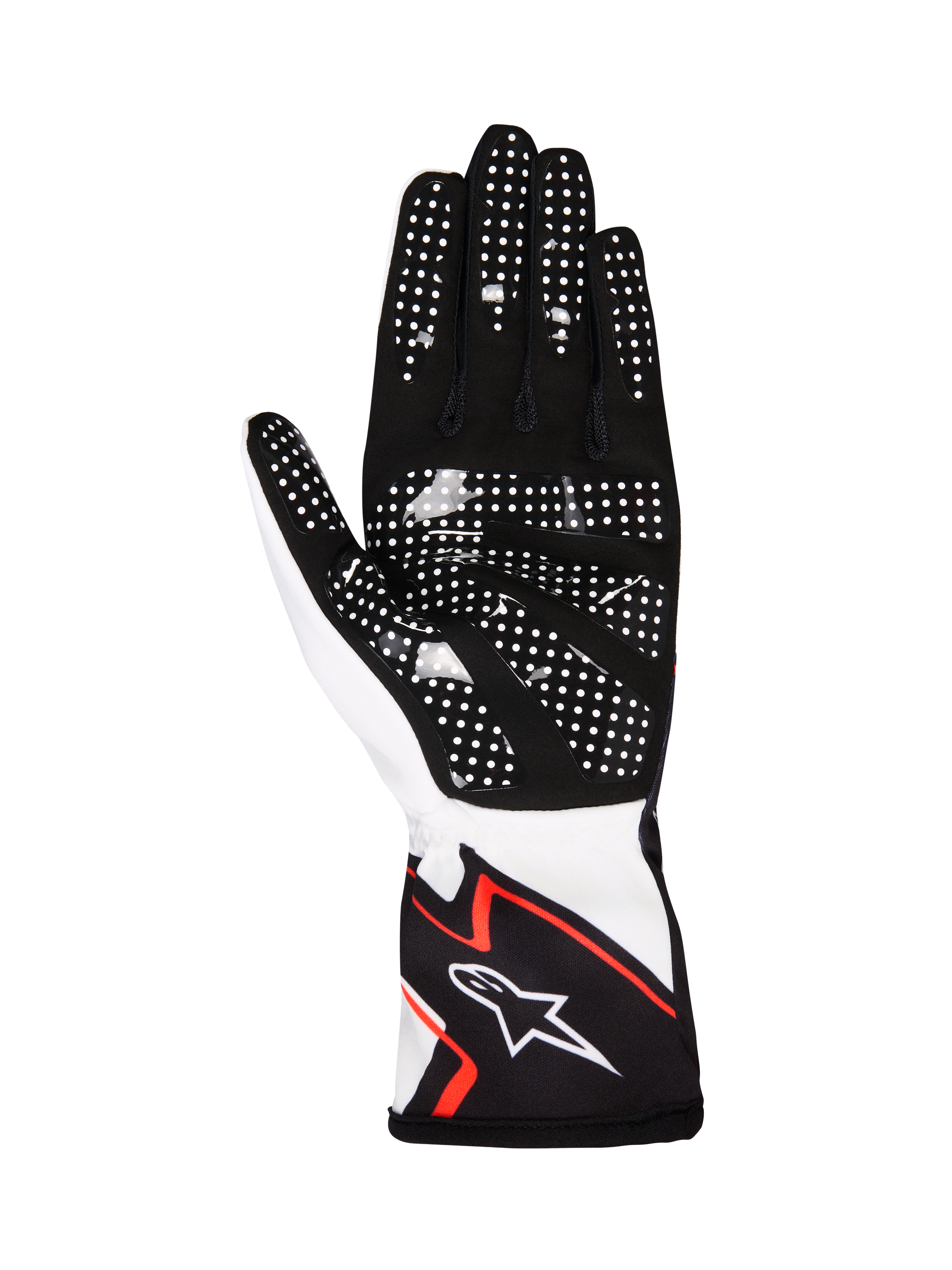 Alpinestars Tech-1 K Race V2 Handschoenen Graphic 1, karthandschoenen, wit, zwart en feloranje, handpalmaanzicht met zwart synthetisch suède en witte siliconen gripstippen, ergonomisch ontwerp met Alpinestars-logo op de manchet