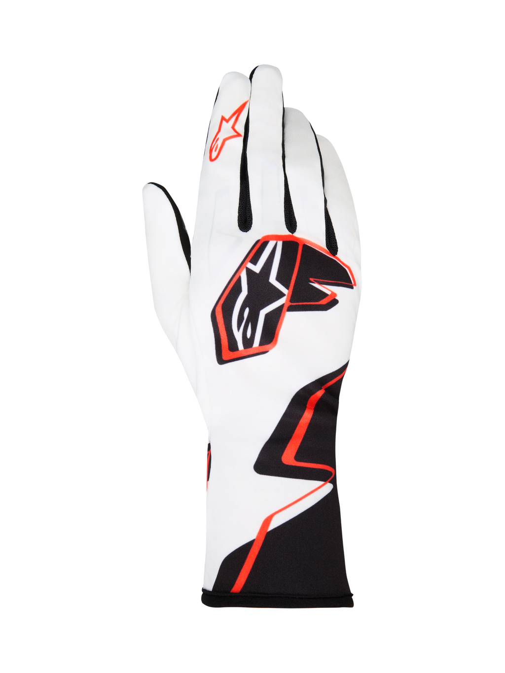 Alpinestars Tech-1 K Race V2 Graphic 1 karthandschoenen, wit met zwart en feloranje geometrisch design, Alpinestars-sterlogo op de handrug en wijsvinger, lichtgewicht ademend textiel, verlengde manchet