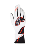 Alpinestars Tech-1 K Race V2 Graphic 1 karthandschoenen, wit met zwart en feloranje geometrisch design, Alpinestars-sterlogo op de handrug en wijsvinger, lichtgewicht ademend textiel, verlengde manchet