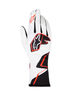 Alpinestars Tech-1 K Race V2 Graphic 1 karthandschoenen, wit met zwart en feloranje geometrisch design, Alpinestars-sterlogo op de handrug en wijsvinger, lichtgewicht ademend textiel, verlengde manchet