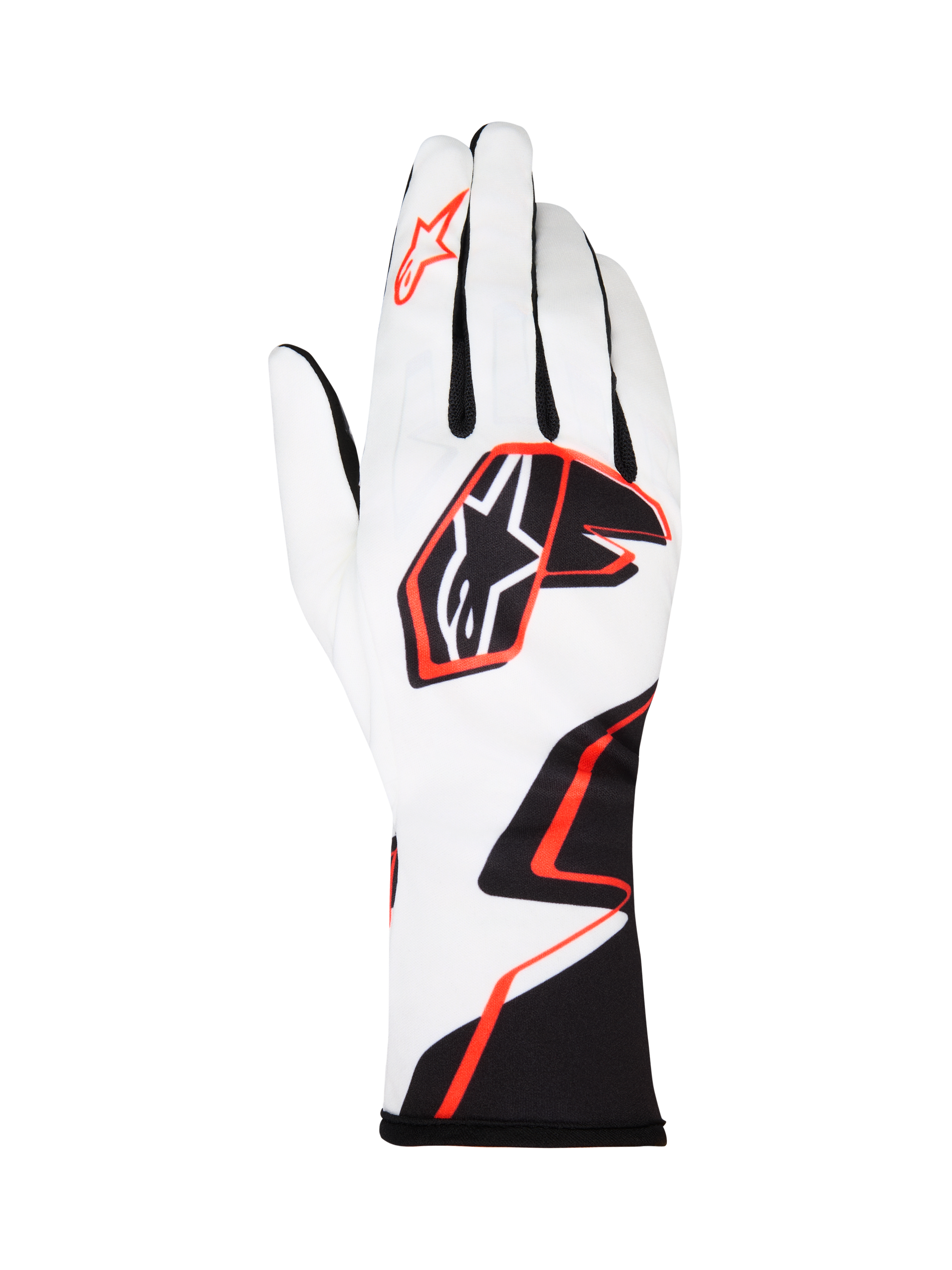 Alpinestars Tech-1 K Race V2 Graphic 1 karthandschoenen, wit met zwart en feloranje geometrisch design, Alpinestars-sterlogo op de handrug en wijsvinger, lichtgewicht ademend textiel, verlengde manchet