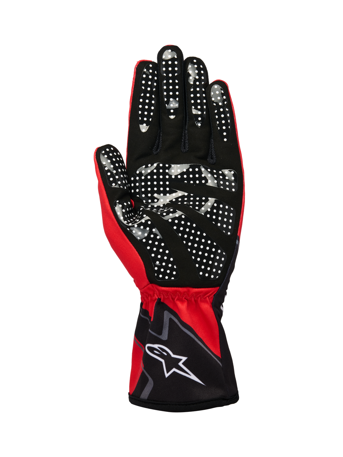 Alpinestars Tech-1 K Race V2 Gloves Graphic 1, karthandschoenen, felrood, zwart en wit, handpalm aanzicht met wit siliconen stippenpatroon voor verbeterde grip, synthetisch suède materiaal, elastische manchet met wit logo