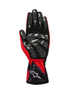 Alpinestars Tech-1 K Race V2 Gloves Graphic 1, karthandschoenen, felrood, zwart en wit, handpalm aanzicht met wit siliconen stippenpatroon voor verbeterde grip, synthetisch suède materiaal, elastische manchet met wit logo