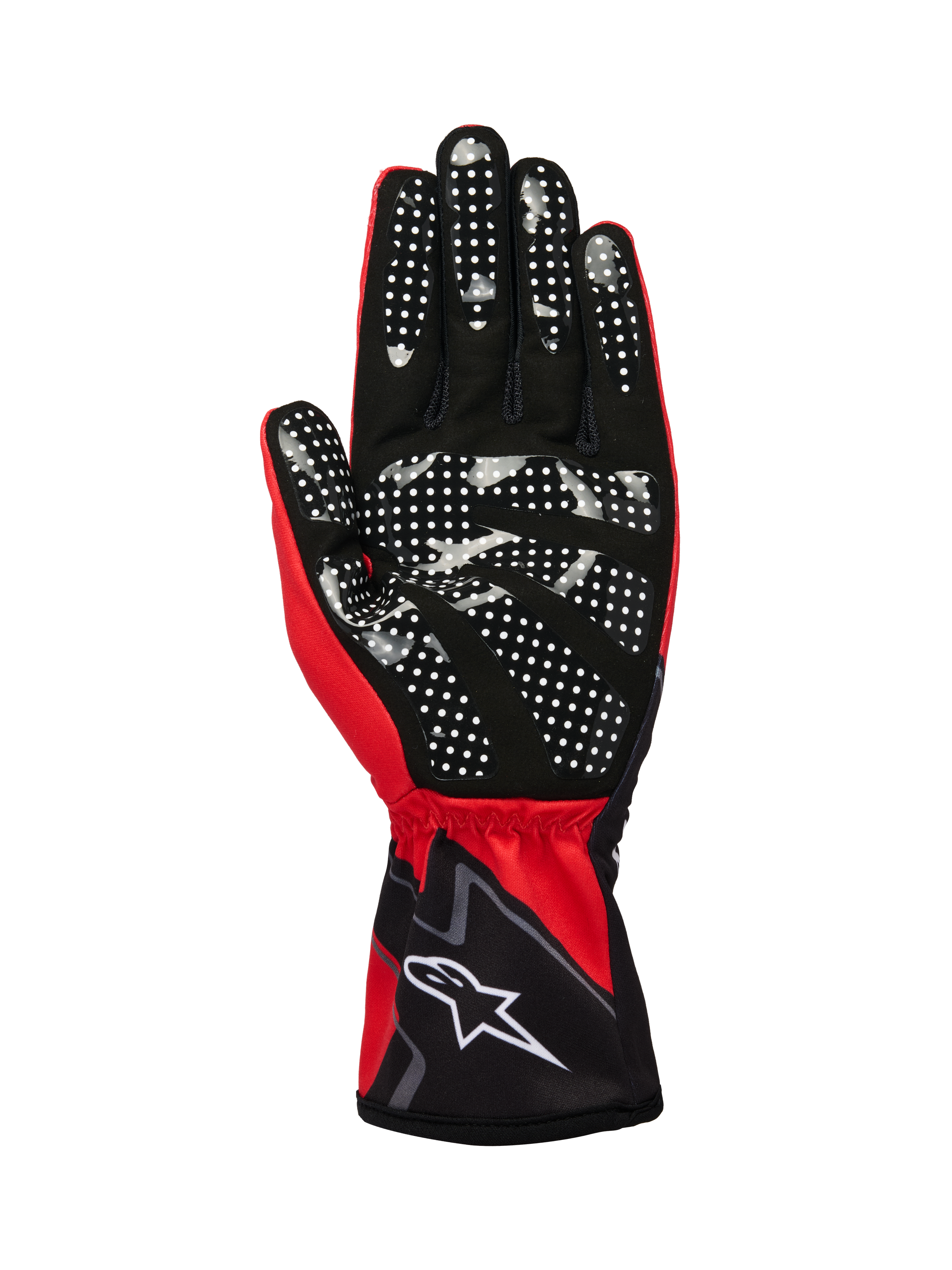 Alpinestars Tech-1 K Race V2 Gloves Graphic 1, karthandschoenen, felrood, zwart en wit, handpalm aanzicht met wit siliconen stippenpatroon voor verbeterde grip, synthetisch suède materiaal, elastische manchet met wit logo
