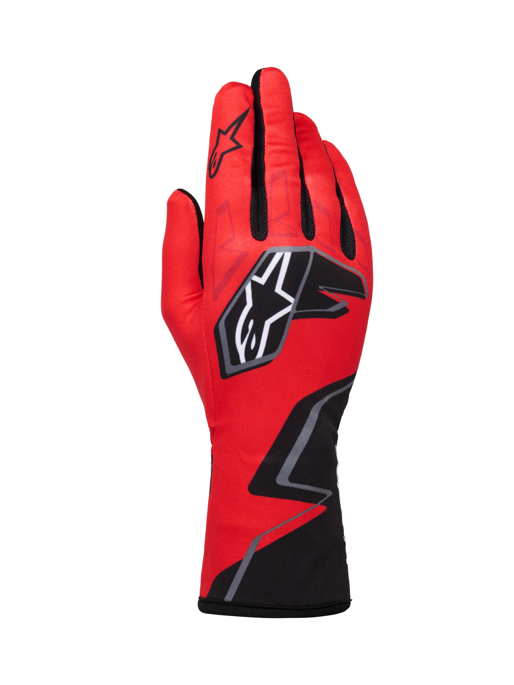 Alpinestars Tech-1 K Race V2 Handschoenen Graphic 1, kartinghandschoenen, rood met zwarte en witte accenten, met een opvallend sterlogo en geometrisch zigzagontwerp op de pols, lichtgewicht textielconstructie voor motorsport