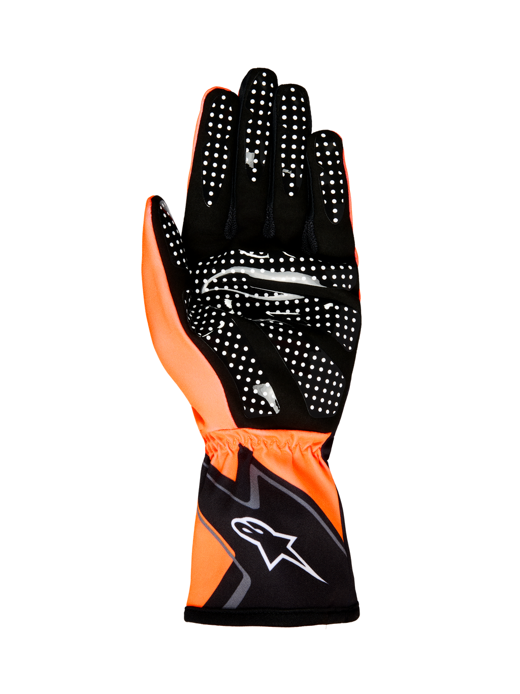 Alpinestars Tech-1 K Race V2 Handschoenen Graphic 1, karthandschoenen, oranje fluo en zwart, zicht op de handpalm met wit siliconen grippatroon en Alpinestars-logo op de polsmanchet