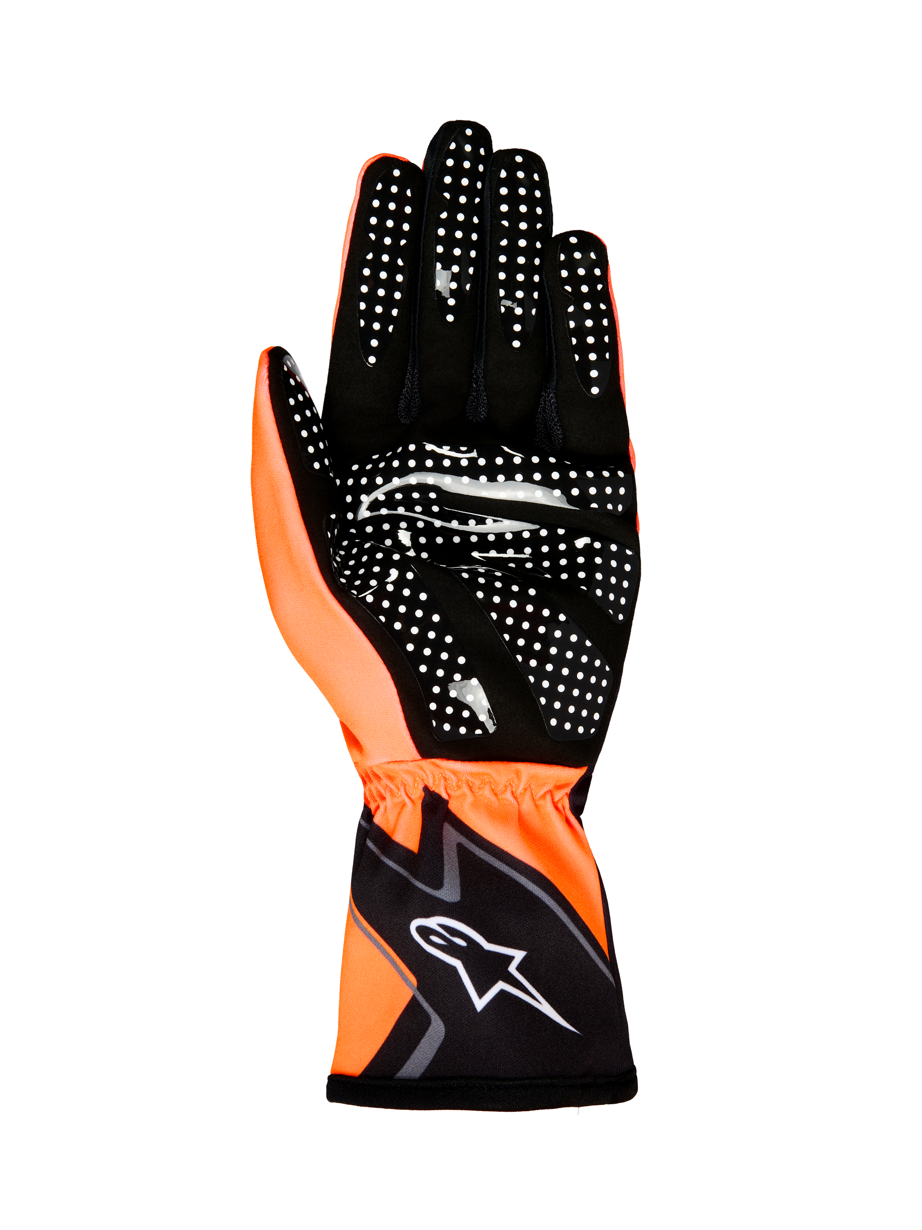Alpinestars Tech-1 K Race V2 Handschoenen Graphic 1, karthandschoenen, oranje fluo en zwart, zicht op de handpalm met wit siliconen grippatroon en Alpinestars-logo op de polsmanchet