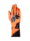 Alpinestars Tech-1 K Race V2 handschoenen Graphic 1, karting handschoenen, fluorescerend oranje met zwarte en witte accenten, achteraanzicht van de linkerhandschoen, opvallend sterlogo, nauwsluitend textielontwerp met hoekige graphics