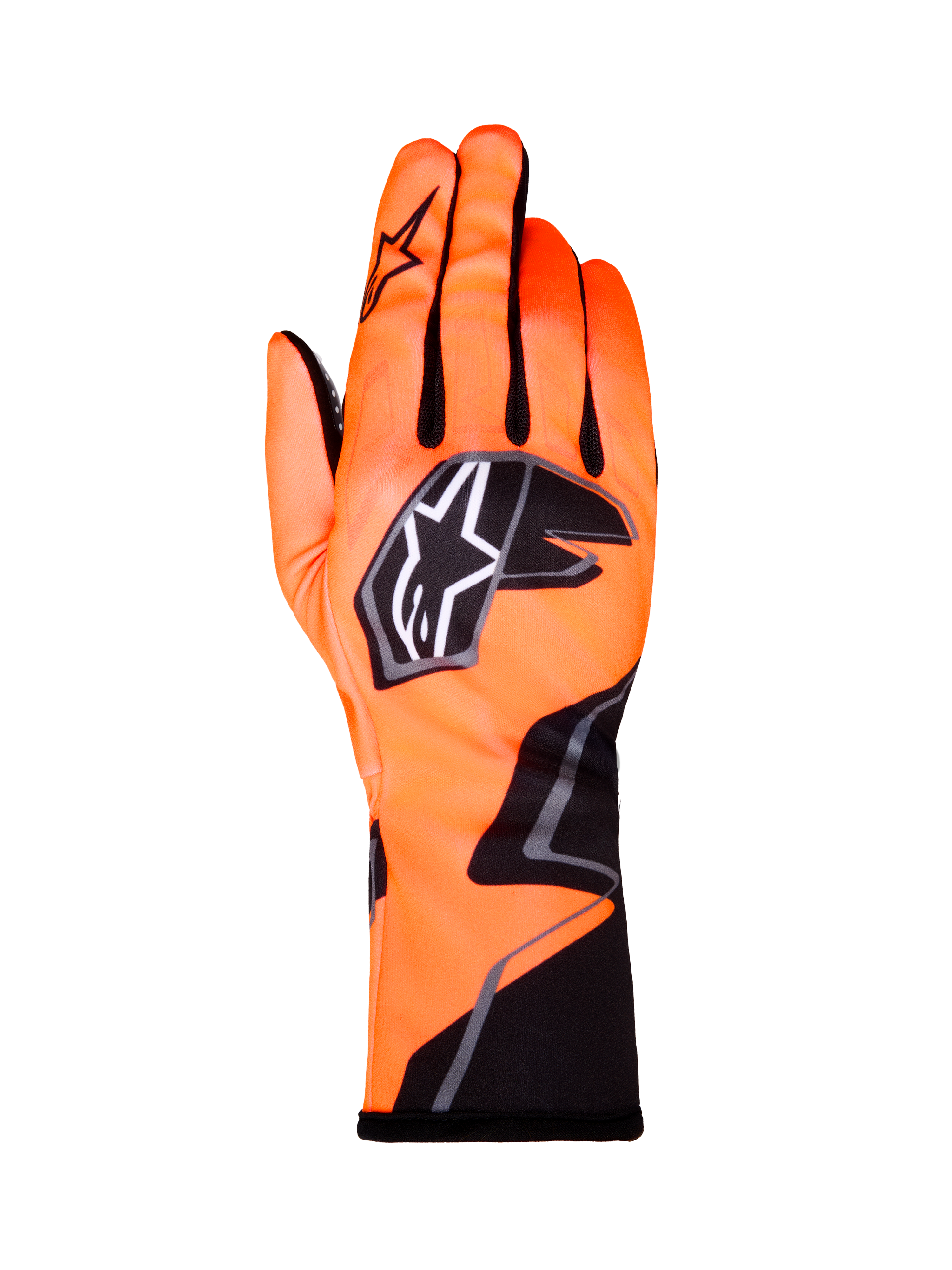 Alpinestars Tech-1 K Race V2 handschoenen Graphic 1, karting handschoenen, fluorescerend oranje met zwarte en witte accenten, achteraanzicht van de linkerhandschoen, opvallend sterlogo, nauwsluitend textielontwerp met hoekige graphics