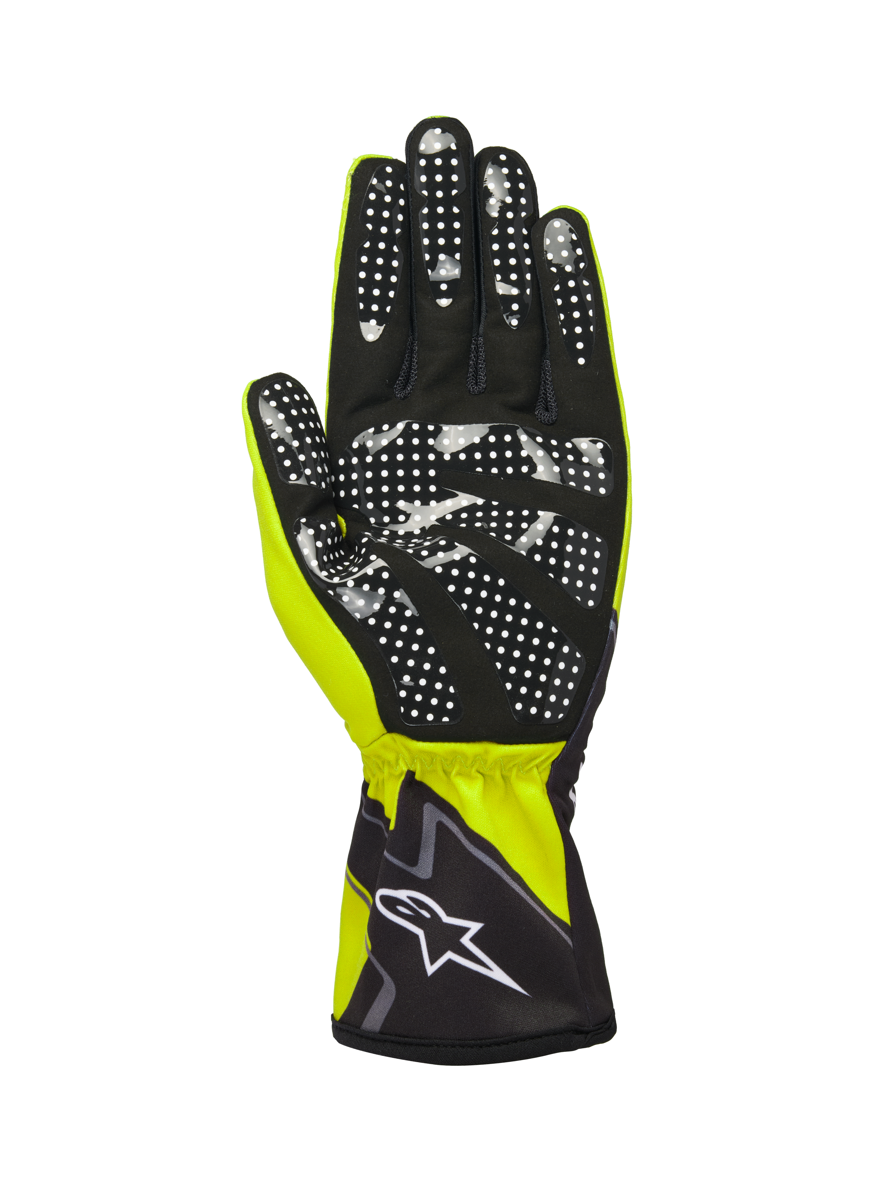 Alpinestars Tech-1 K Race V2 Graphic 1 handschoenen, geel fluo, zwart en wit, zicht op de handpalm voorzien van zwart synthetisch suède met een wit siliconen stippenpatroon voor grip, elastische manchet met wit Alpinestars-logo, hoogwaardige karthandschoen
