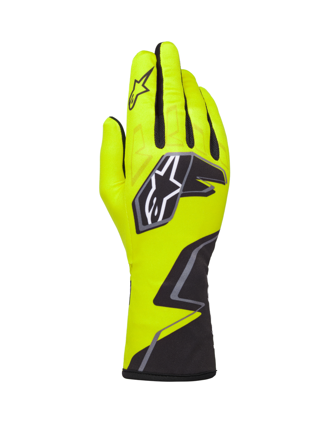 Alpinestars Tech-1 K Race V2 Graphic 1 karthandschoenen, geel fluo, zwart en wit, met een groot sterlogo op de rug van de hand en een geometrisch patroon bij de pols, professionele motorsportuitrusting