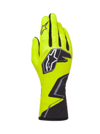 Alpinestars Tech-1 K Race V2 Graphic 1 karthandschoenen, geel fluo, zwart en wit, met een groot sterlogo op de rug van de hand en een geometrisch patroon bij de pols, professionele motorsportuitrusting