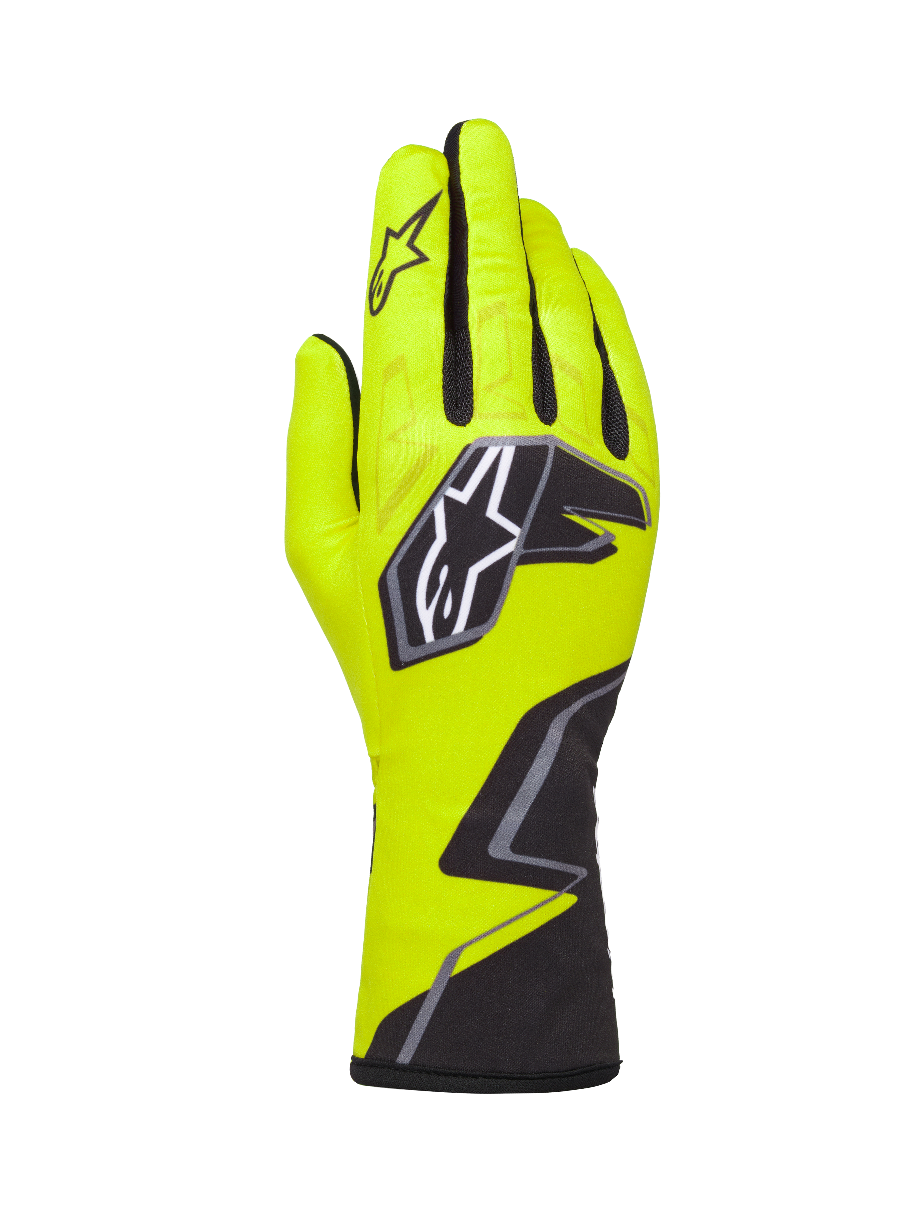 Alpinestars Tech-1 K Race V2 Graphic 1 karthandschoenen, geel fluo, zwart en wit, met een groot sterlogo op de rug van de hand en een geometrisch patroon bij de pols, professionele motorsportuitrusting