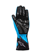 Alpinestars Tech-1 K Race V2 Handschoenen Graphic 1, karthandschoenen, cyaan, zwart en wit, voorzien van een synthetisch suède handpalm met wit siliconen stippenpatroon voor grip, elastische manchet met wit Alpinestars logo, lichtgewicht ademende constructie voor de motorsport
