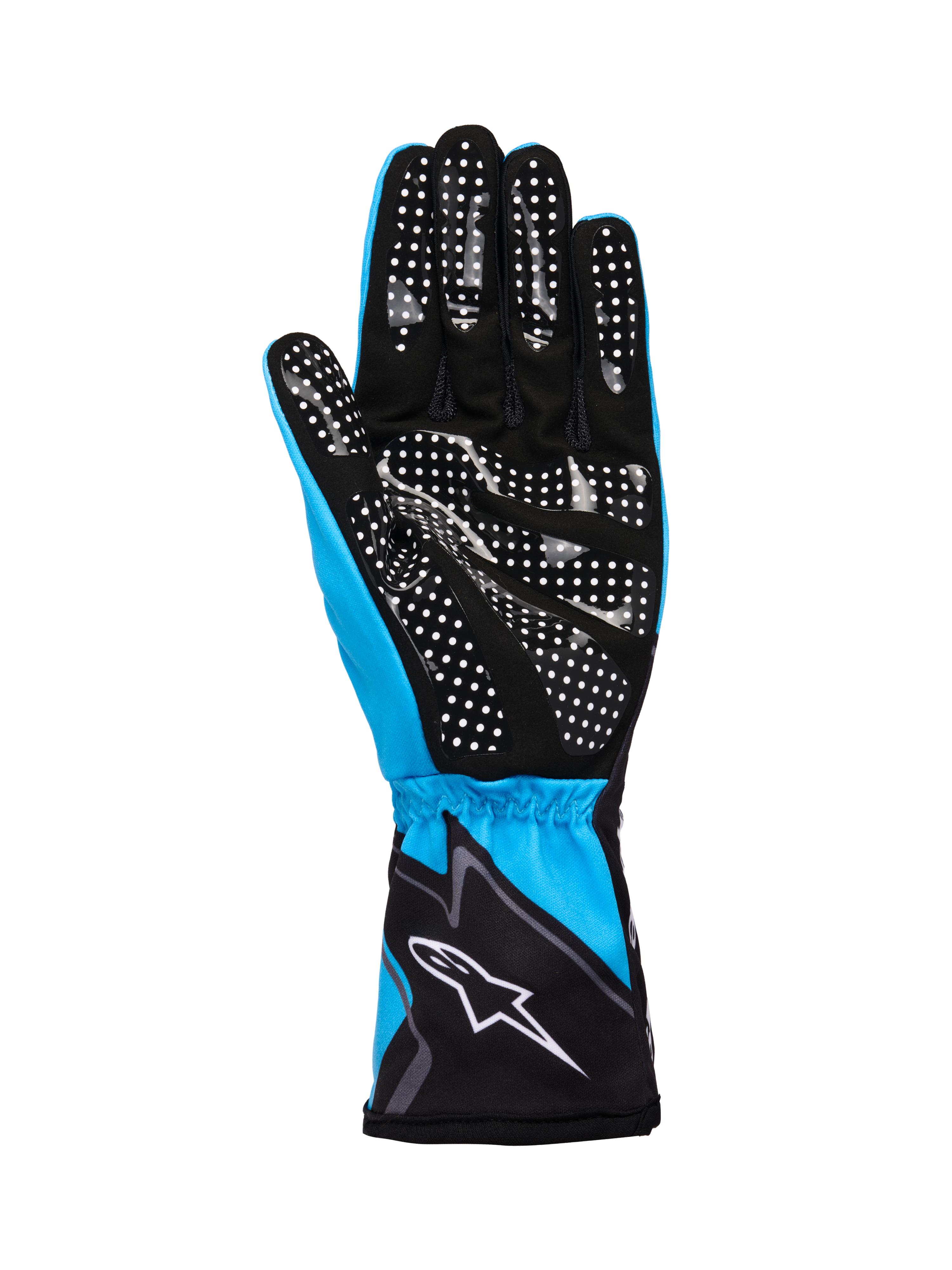 Alpinestars Tech-1 K Race V2 Handschoenen Graphic 1, karthandschoenen, cyaan, zwart en wit, voorzien van een synthetisch suède handpalm met wit siliconen stippenpatroon voor grip, elastische manchet met wit Alpinestars logo, lichtgewicht ademende constructie voor de motorsport