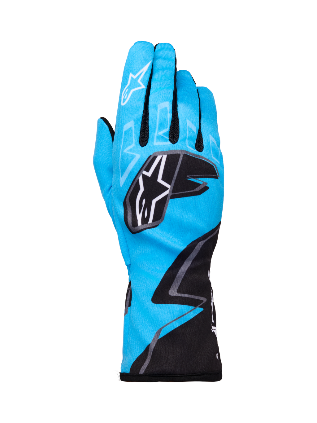 Alpinestars Tech-1 K Race V2 Graphic 1 handschoenen, kartinghandschoenen, cyaan, zwart en wit, voorzien van opvallende geometrische patronen, wit Alpinestars sterlogo op de knokkels, verlengde manchet, lichtgewicht en ademend materiaal voor kartingprestaties